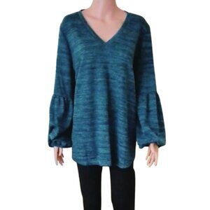 Bloomchic Blue V-Neck Sweater 14-16 Women's Long Bishop Sleeve Top Stretch NEW